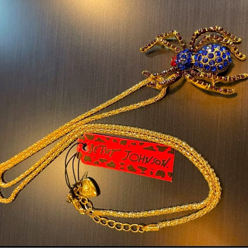 BETSEY JOHNSON Blue Gold Crystal Rhinestone Spider Pendant Necklace NWT